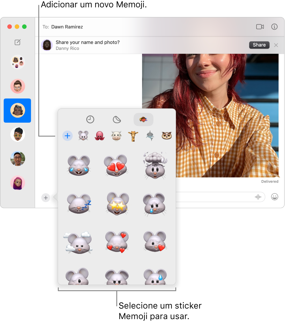 A janela da aplicação Mensagens com vĆ”rias conversas listadas na barra lateral Ć esquerda e uma transcrição apresentada Ć direita. Ao escolher stickers de Memoji no botĆ£o āAplicaƧƵesā, pode selecionar um sticker de Memoji para usar ou criar um novo Memoji.