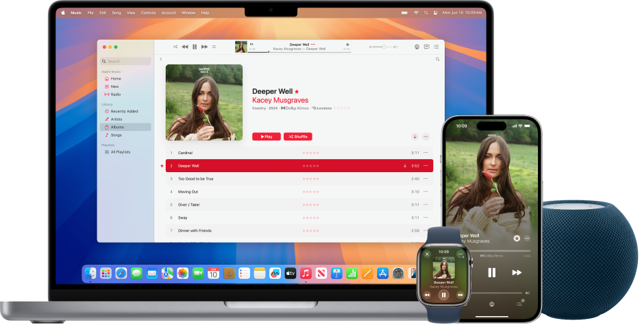 En sang, der afspilles pÄ en Mac, en iPhone og et Apple Watch, sammen med en HomePod.