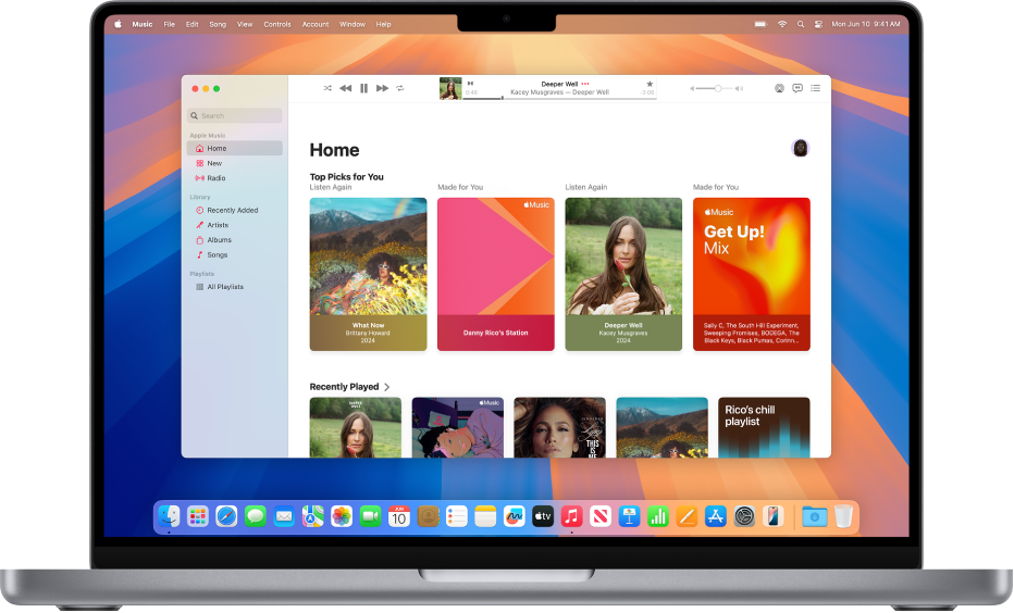 Apple Music-vinduet med skĂŠrmen Hjem.