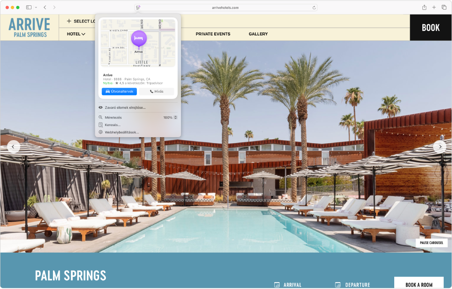 A Safari app egy Palm Springs-i szĂĄlloda legfontosabb elemeivel, többek között egy tĂ©rkĂ©ppel, a hotel felhĂvĂĄsĂĄra Ă©s az Ăștvonaltervek lekĂ©rĂ©sĂ©re szolgĂĄlĂł gombokkal Ă©s egy, a foglalĂĄsra mutatĂł linkkel.