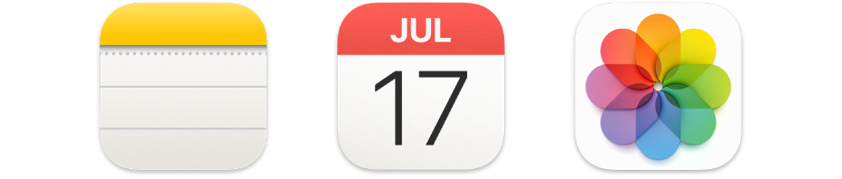 Des icÎnes représentant trois apps : Notes, Calendrier et Photos.