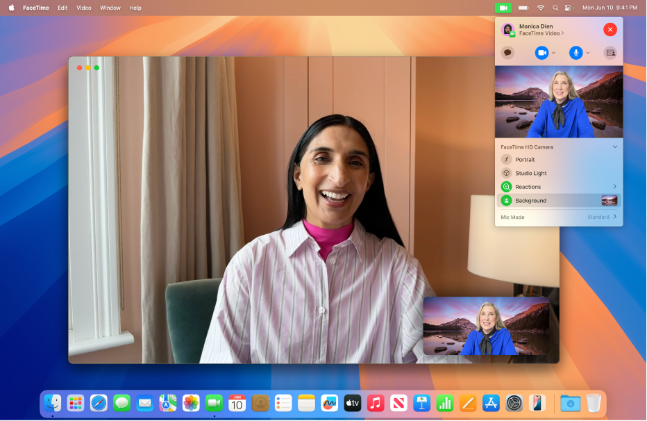 Le bureau dâun Mac affichant un appel FaceTime oĂč quelquâun a modifiĂ© son arriĂšre-plan pour afficher la photo dâun paysage.