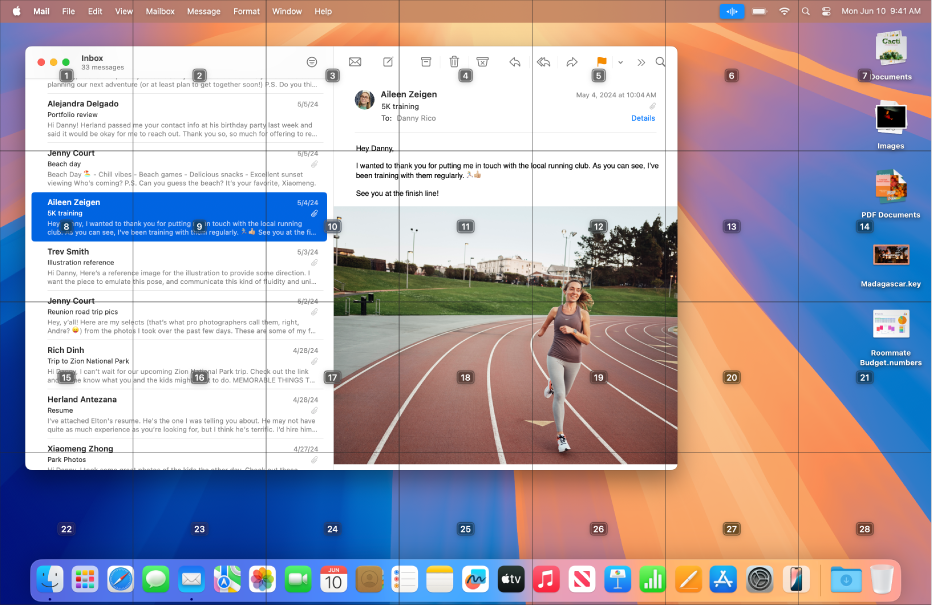 「郵件」App 在 Mac 桌面上打開,格線疊放在其上方。格線中的每個輸入格都包含編號標記。