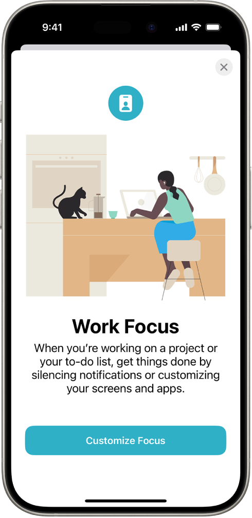 A screen showing four provided Focus optionsβDo Not Disturb, Personal, Sleep, and Work. The Share Across Devices button allows you to use the same Focus settings on all your Apple devices where youβre signed in to the same Apple Account.