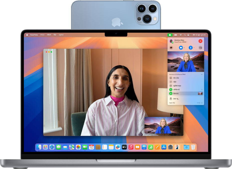 MacBook Pro рдХрд┐рд╕реА iPhone рдХреЛ рд╡реЗрдмрдХреИрдо рдХреЗ рд░реВрдк рдореЗрдВ рдЗрд╕реНрддреЗрдорд╛рд▓ рдХрд░ рд░рд╣рд╛ рд╣реИ рдФрд░ FaceTime рдмрд╛рддрдЪреАрдд рджрд┐рдЦрд╛ рд░рд╣рд╛ рд╣реИред