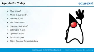 `
https://www.edureka.co/java-j2ee-soa-trainingEDUREKA JAVA CERTIFICATION TRAINING
Agenda For Today
➢ What is Java?
➢ Where is Java used?
➢ Features of Java
➢ Java Environment
➢ How does Java work?
➢ Data Types in Java
➢ Operators in Java
➢ Functions in Java
➢ Object Oriented Concepts in Java
 