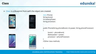 `
https://www.edureka.co/java-j2ee-soa-trainingEDUREKA JAVA CERTIFICATION TRAINING
Class
➢ Class is a blueprint from with the object are created.
class Phone{
String brand;
int batteryPower;
String processor;
.
.
public Phone(String phoneBrand, int power, String phoneProcessor)
{
brand = phoneBrand;
Batterpower = power;
processor = phoneProcessor;
}
//Other class methods
}
 