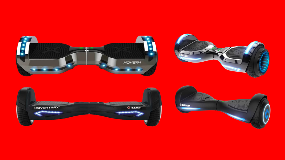 Four of the best hoverboards of 2024 against a red background.