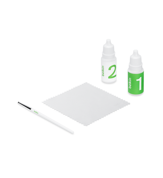 Cleaning brush, long, thin handle, microfibre cloth, cleaning liquid and de-ionised water in plastic bottles, twist‑and‑pull cap