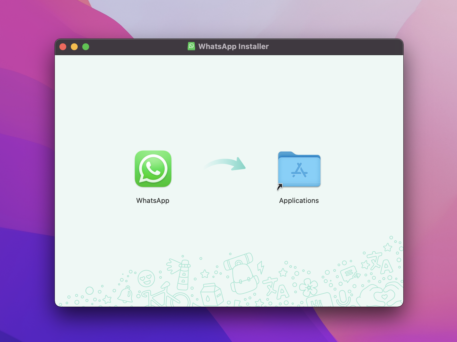 Window on macOS for the WhatsApp Installer (DMG).
Two icons are present: 'WhatsApp' and 'Applications'. The user is prompted to
drag the WhatsApp app icon into the Applications folder.