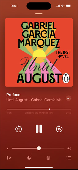 iPhone screen showing an audiobook. Below the cover art is playback controls, including a play button, volume slider, and โjump aheadโ and โjump backโ buttons