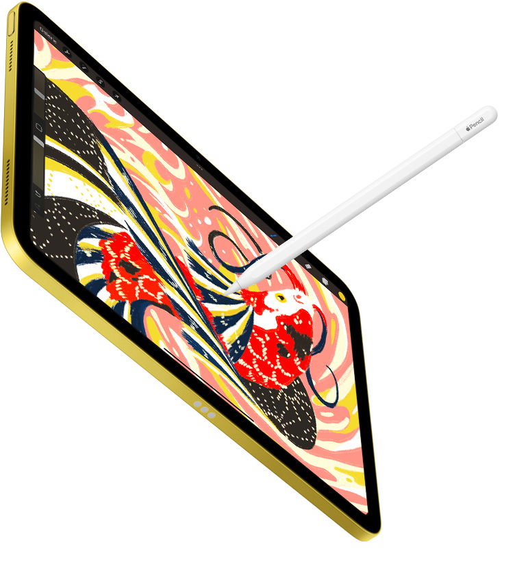Un iPad affiche lâillustration colorĂ©e dâun poisson dans lâapp Procreate, un Apple Pencil dessine sur iPad