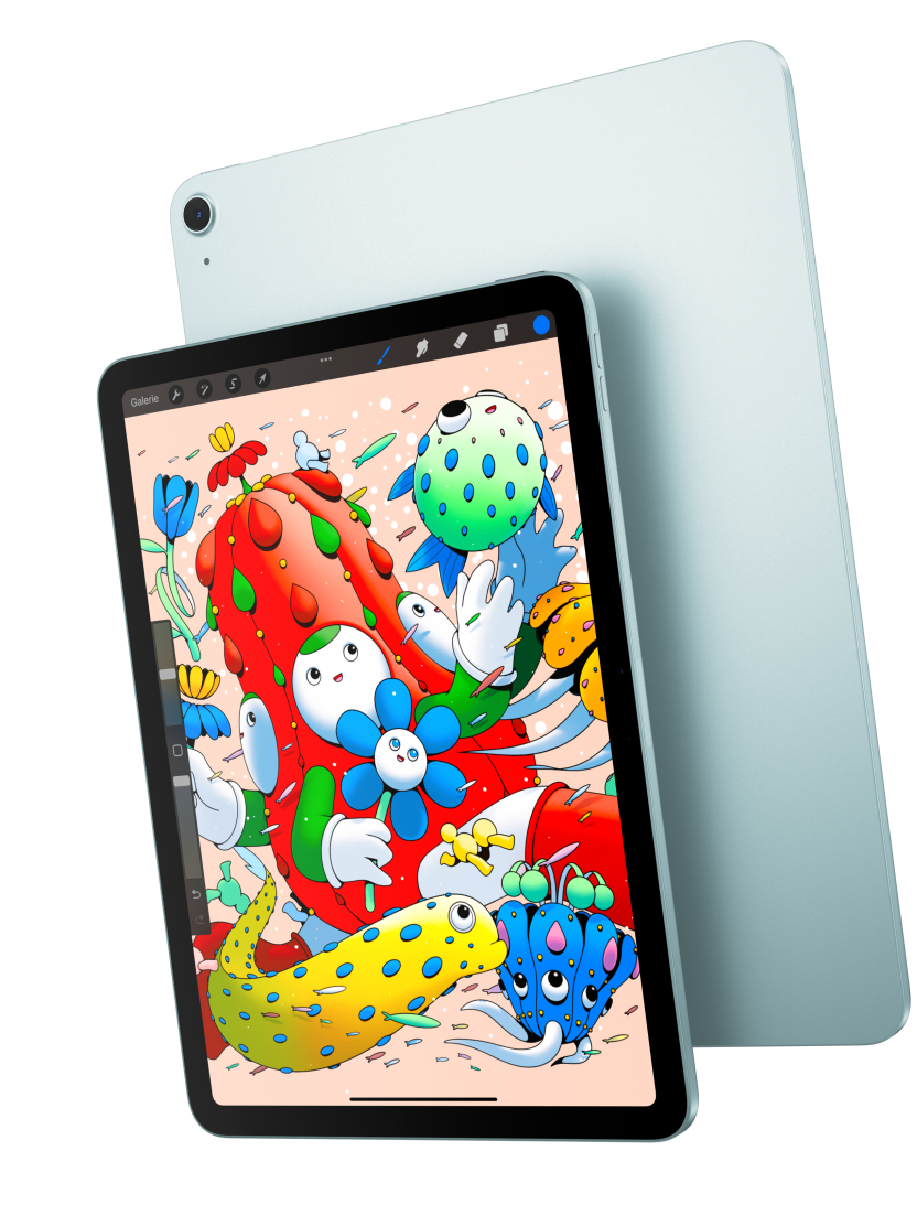 Vue avant, iPad Air 11 pouces sur lequel lâapp Procreate est ouverte, dos Ă dos avec un iPad Air bleu