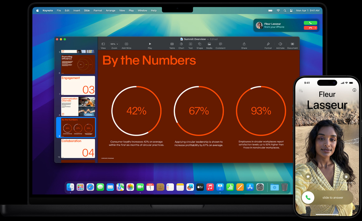 MacBook Pro next to iPhone โ user receives notification on MacBook Pro screen for incoming phone call