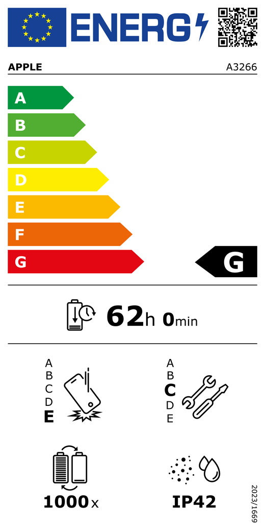 EU-energielabel, QR-code en informatie, Apple model A3266, klasse G, energie-efficiëntieklassen (met schaal van A tot G), A (meest efficiënt) tot G (minst efficiënt), batterijduur per cyclus, 62 uur en 0 minuten per keer volledig opladen, betrouwbaarheidsklasse E bij herhaaldelijke vrije val, A (meest robuust) tot E (minst robuust), repareerbaarheidsklasse C, A (gemakkelijkst repareerbaar) tot E (moeilijkst repareerbaar), levensduur batterij 1000 cycli, classificatie IP42 voor bescherming tegen binnendringen van stof en water (IP), verordening 2023/1669