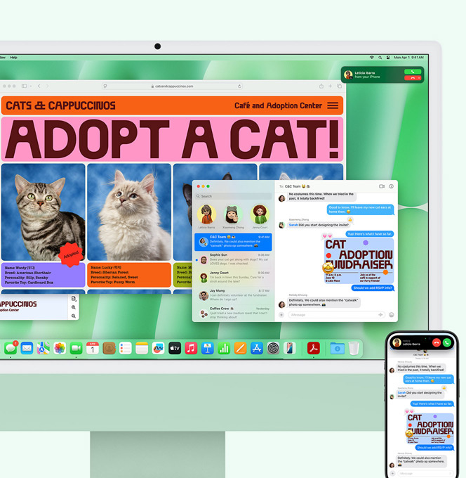 Un iMac vert et un iPhone sont placĂ©s cĂŽte Ă cĂŽte. LâĂ©cran de lâiMac affiche une notification dâappel entrant de lâiPhone. Les deux appareils affichent lâapp Messages avec un Ă©change de textos identique.