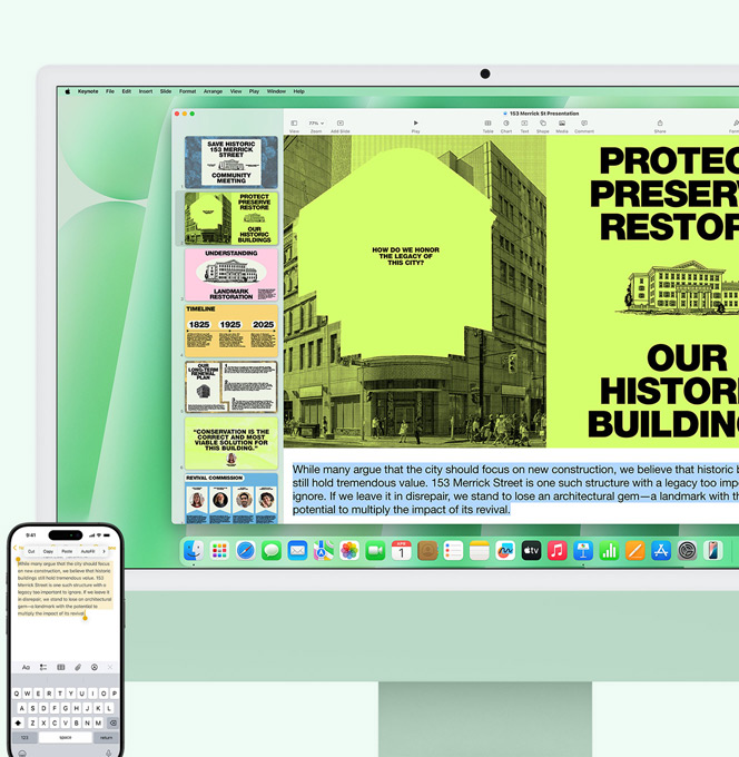 Un iMac vert et un iPhone sont placĂ©s cĂŽte Ă cĂŽte. Un texte issu de lâapp Notes de lâiPhone est copiĂ©-collĂ© sur lâiMac