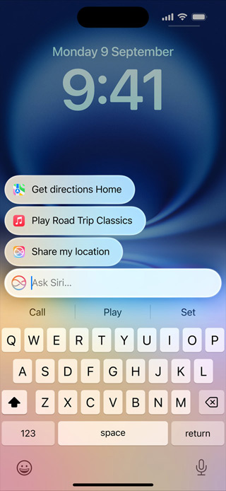 iPhone mit neu gestaltetem Siri und der Funktion âSiri Anfragen tippenâ.