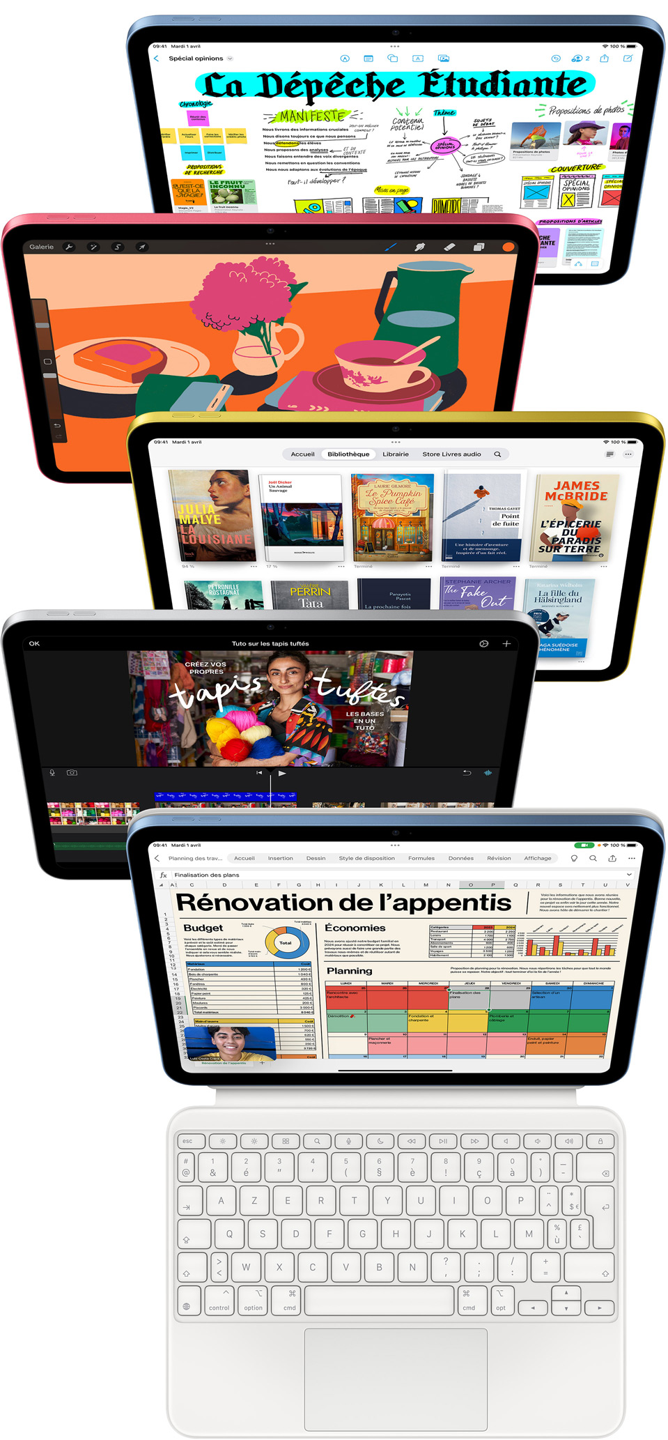Des Ă©crans dâiPad affichent toute une variĂ©tĂ© dâapps, dont Freeform, ProCreate, Livres, iMovie et Microsoft Excel avec Webex Meetings.
