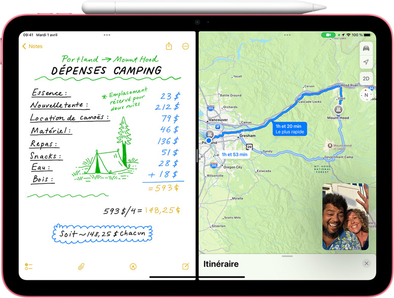 Notes mathĂ©matiques dans Plans avec un appel FaceTime affichĂ© en mode Image dans lâimage sur un iPad.