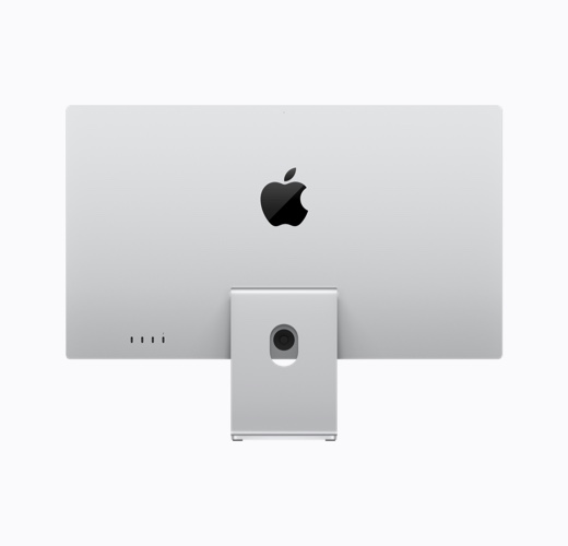 Apple Studio Display with tilt-adjustable stand, silver color, back exterior, glossy black Apple logo centered