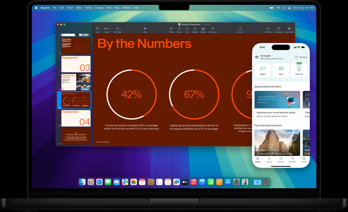 Demonstrating iPhone Mirroring, with iPhone display shown within MacBook Pro screen โ user works on a presentation in Keynote app while an invitation to check in for a flight appears on the iPhone display