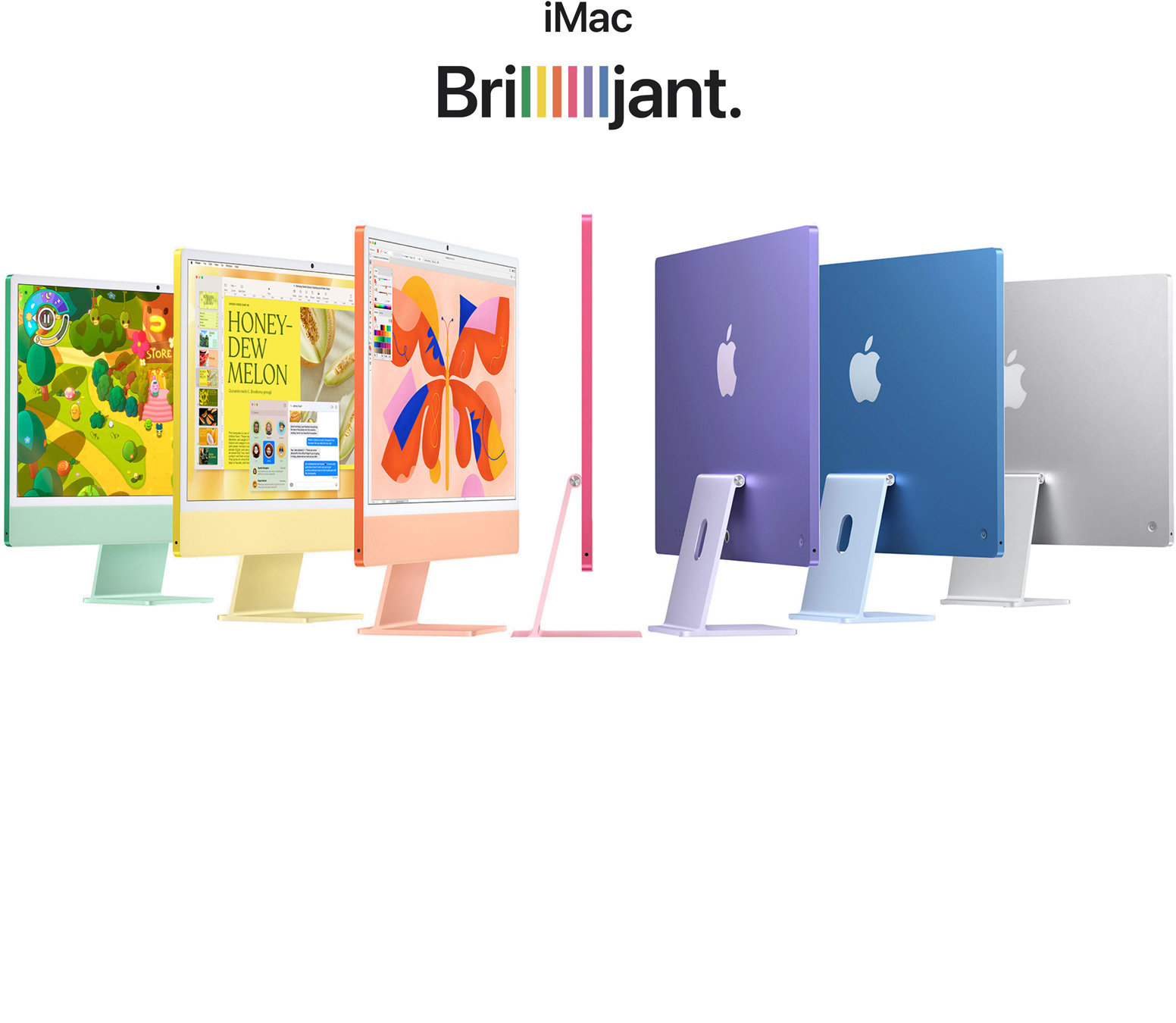 Sju iMac-enheter i olika fÀrger (grönt, gult, orange, rosa, lila, blÄ och silver) i ett dragspelsliknande arrangemang