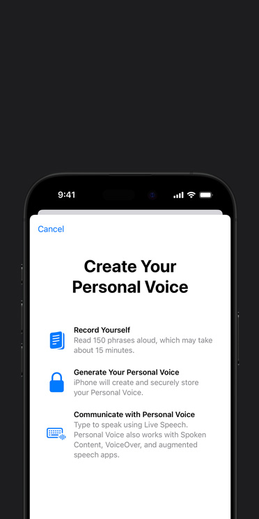 iPhone 16 Pro 螢幕顯示個人聲音功能，當中包含製作個人聲音的指示