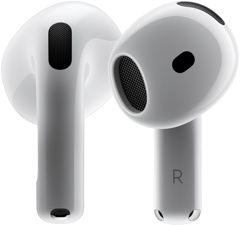 Два навушники AirPods 4 обертаються один навколо одного, а потім зупиняються під різними кутами.