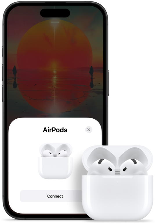 Egy nyitott töltĆtokban lĂ©vĆ AirPods 4 egy iPhone mellett, amelyen lĂĄtszik, hogy az AirPods 4 csatlakoztatva van.