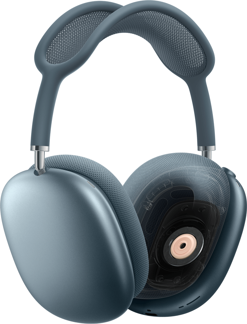 AirPods Max pris de trois quarts. Effet de rayons X sur la coque dâĂ©couteur gauche pour montrer le transducteur interne.