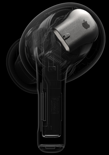 Röntgenipilt AirPods Pro ja H2 kiibi korpusest esile tõstetuna.