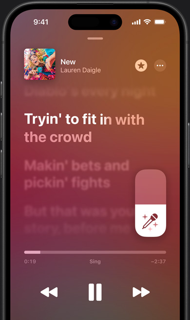 Tryb Apple Music Sing na iPhonie z odtwarzanym utworem New autorstwa Lauren Daigle