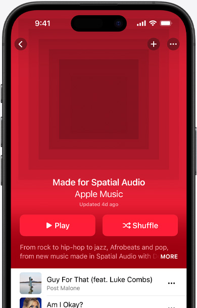 Ekran iPhone’a z okładką playlisty Made for Spatial Audio w apce Apple Music