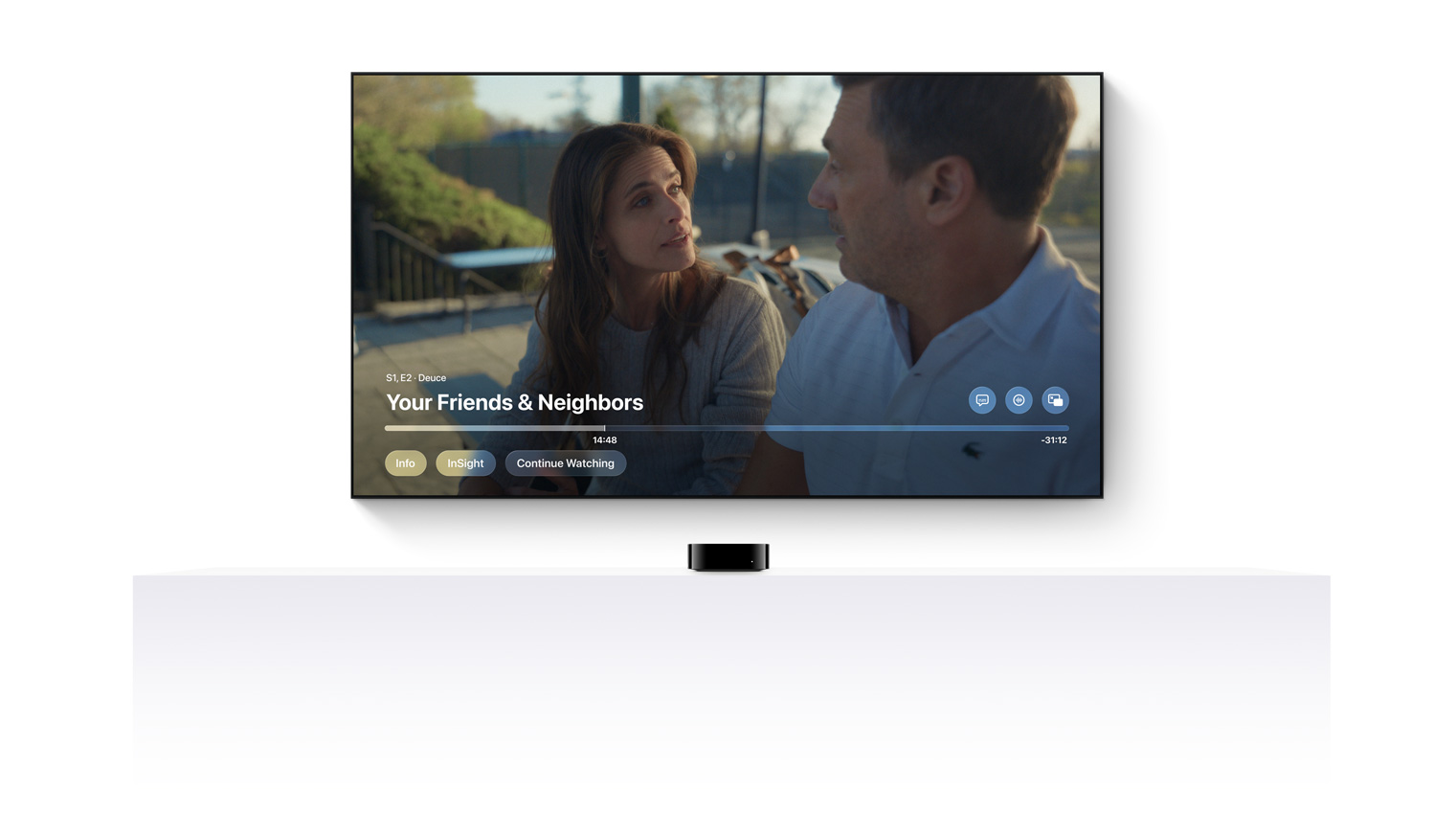 Apple TV+-serien “Your Friends & Neighbors” på en TV-skærm. Under skærmen er der et Apple TV 4K.