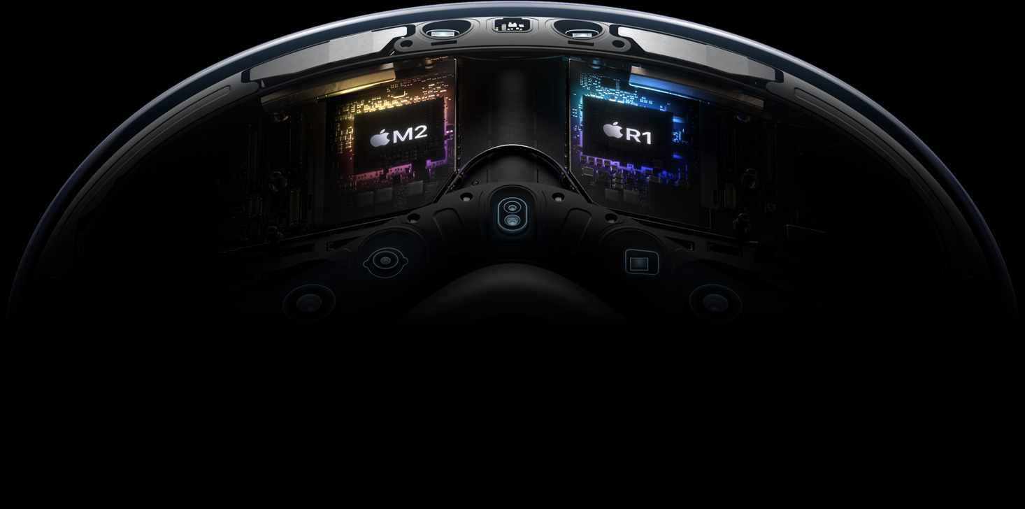 Mise en évidence des puces M2 et R1 d’Apple Vision Pro