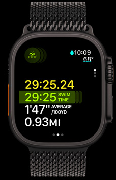 Apple Watch Ultra 2 menunjukkan durasi, kecepatan, dan jarak berenang sebagai bagian dari fitur Olahraga Campuran.