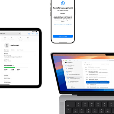 iPad、iPhone 和 MacBook 分別展示 Apple Business Manager 的不同組成部分。