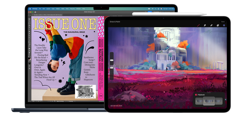 Ontwerp-apps op een MacBook en een iPad, met een Apple Pencil Pro naast de iPad.