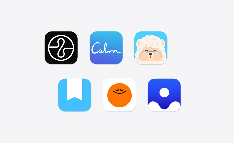 Verschillende appsymbolen verspreid over het beeld, waaronder Endel, Calm, Mindllama, Day One Journal, Headspace en Clearful