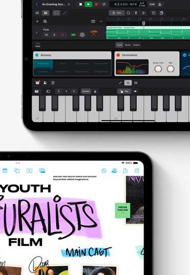 Twee iPads met de LogicPro- en Freeform-apps.