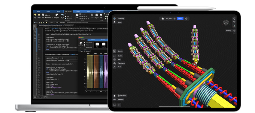 Apps voor wetenschap, technologie, engineering en wiskunde op een MacBook en een iPad, met een Apple Pencil Pro naast de iPad.