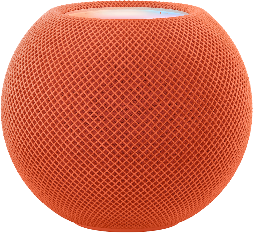 橙色 HomePod mini,上方顯示繽紛多彩像素動畫,拼寫成「mini」字樣。