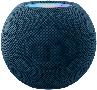 藍色 HomePod mini,上方顯示繽紛多彩像素動畫,拼寫成「mini」字樣。