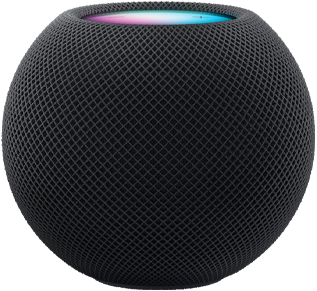 午夜色 HomePod mini,上方顯示繽紛多彩像素動畫,拼寫成「mini」字樣。