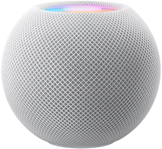 白色 HomePod mini,上方顯示繽紛多彩像素動畫,拼寫成「mini」字樣。