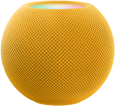 黃色 HomePod mini,上方顯示繽紛多彩像素動畫,拼寫成「mini」字樣。