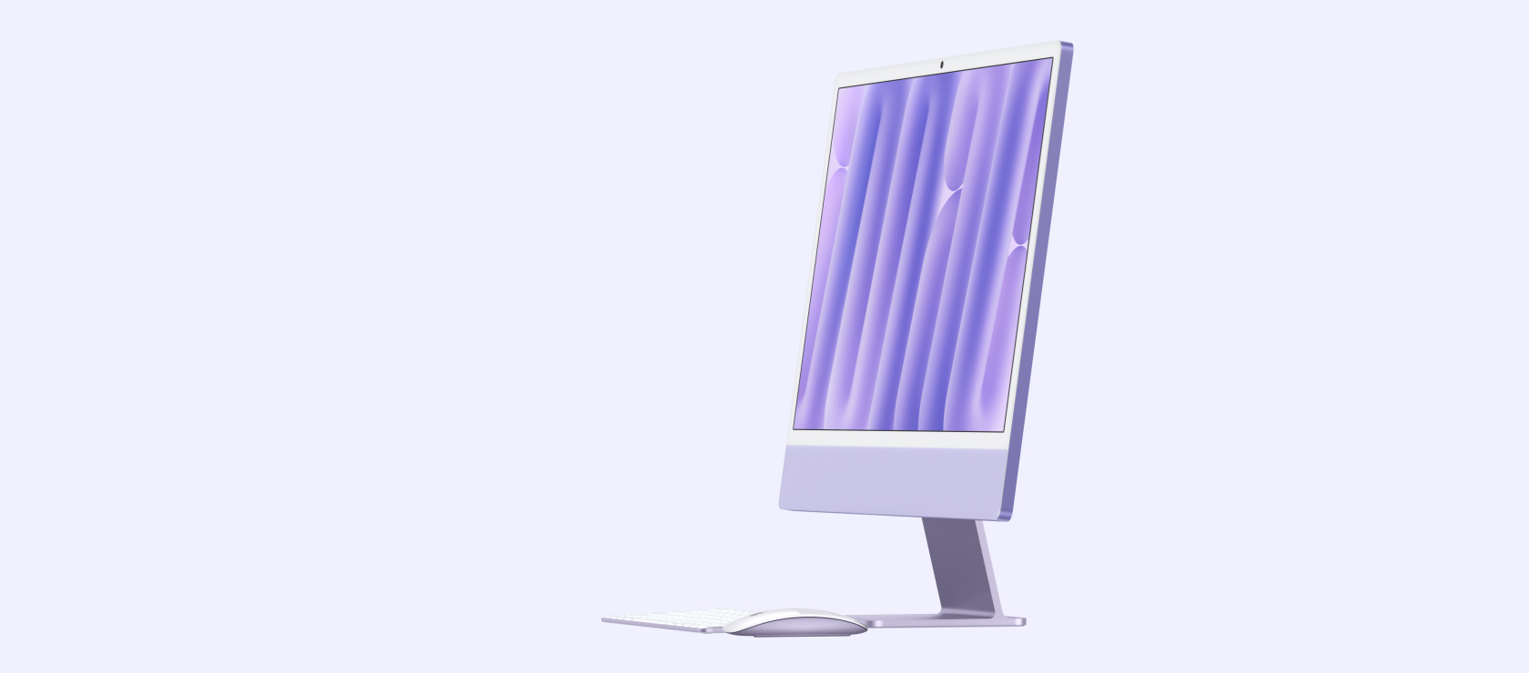 لقطة بزاوية حادة لجهاز iMac باللون الليلكي في وضعية مستقيمة