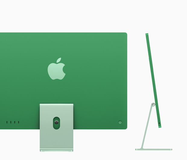 صورة للجانب الخلفي من جهاز iMac باللون الأخضر تبيّن 4 من منافذ USB-C