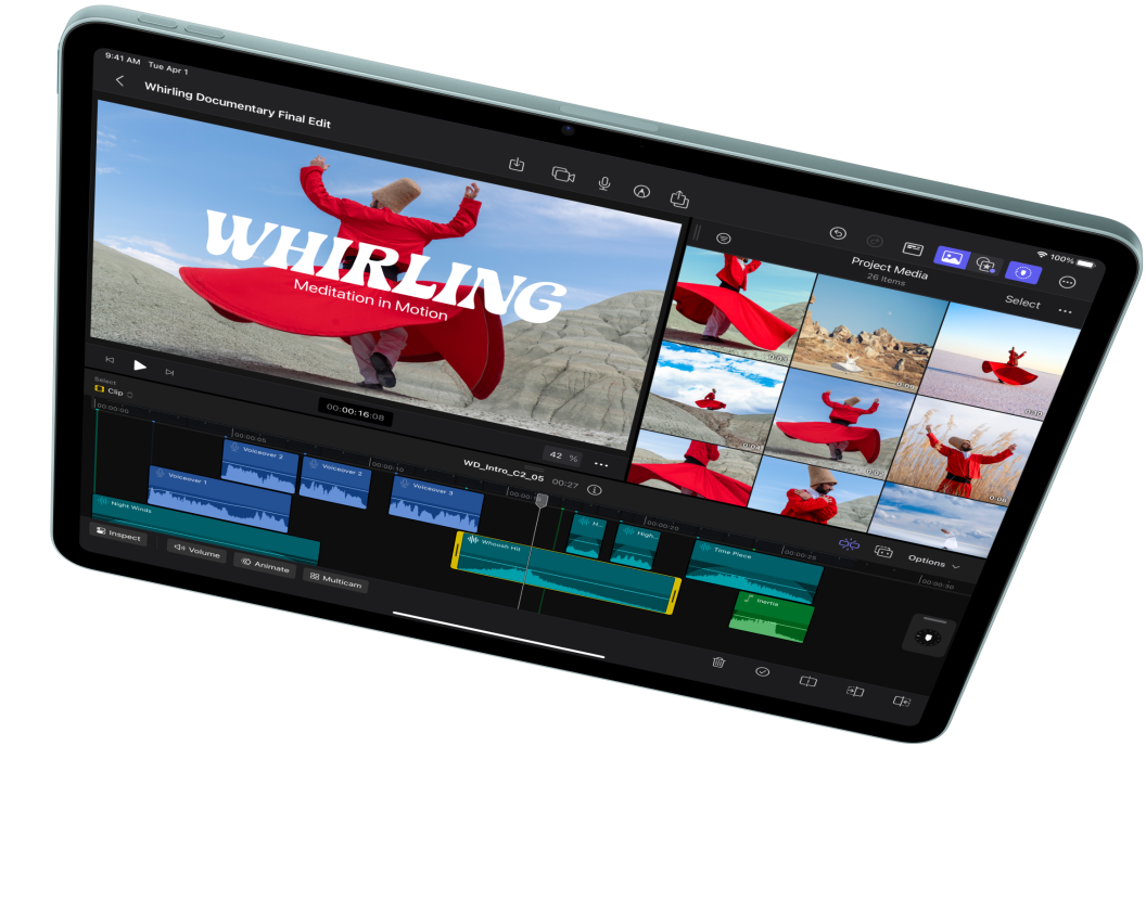 iPad Air in horizontale stand, waarop een video wordt bewerkt in Final Cut Pro